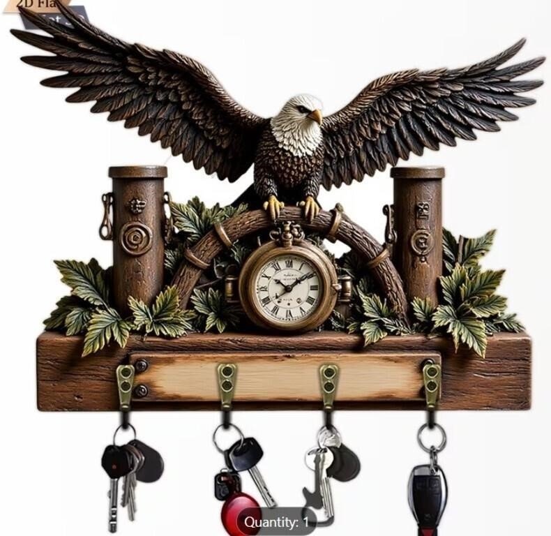 Vintage Nautical Theme Featuring an Eagle, a Wooden Multifunctional Key Holder with Four Metal Hooks