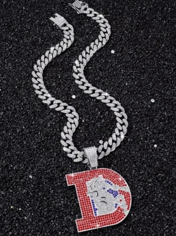 Unbranded Denver Broncos Throwback "D" Logo Rhinestone Pendant with Cuban Link Chain…