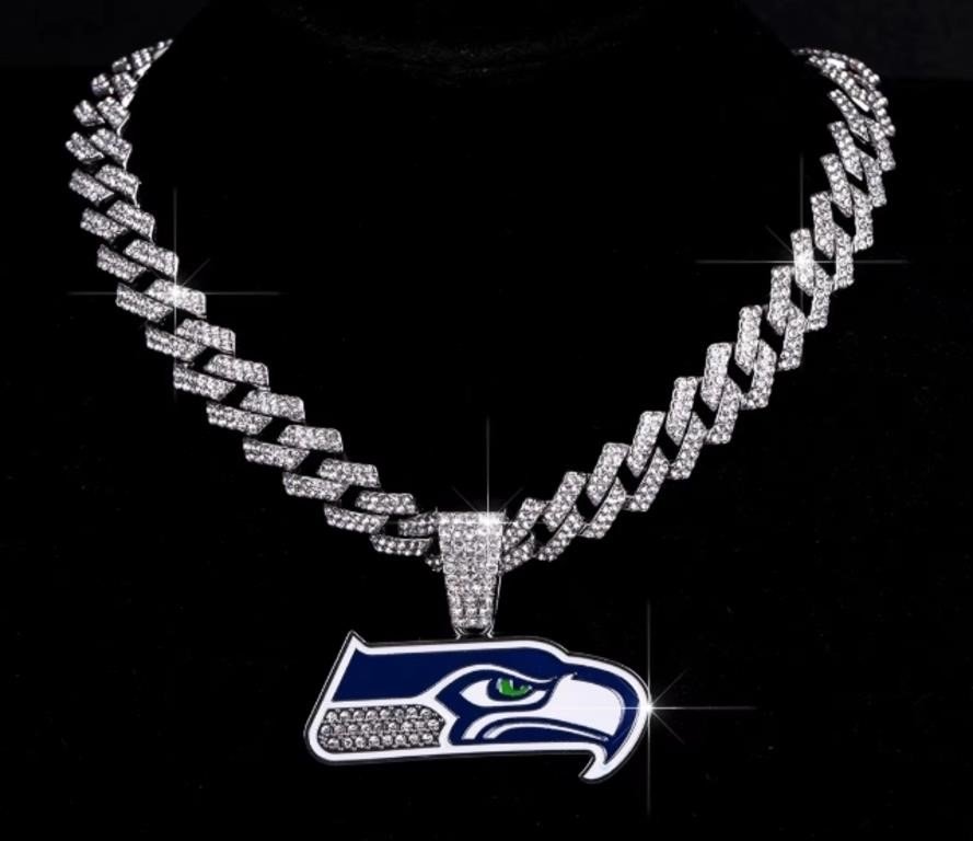 Seattle Seahawks Rhinestone Cuban Link Chain and Logo Pendant Necklace for Seattle…