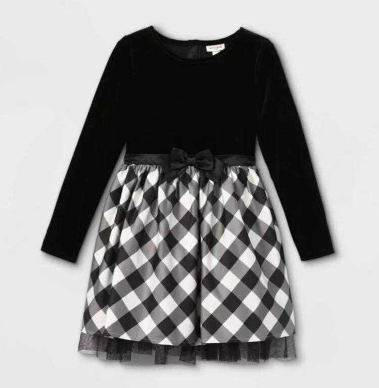 Sz XL Cat & Jack Girls Velour Buffalo Dress, Checkered NEW