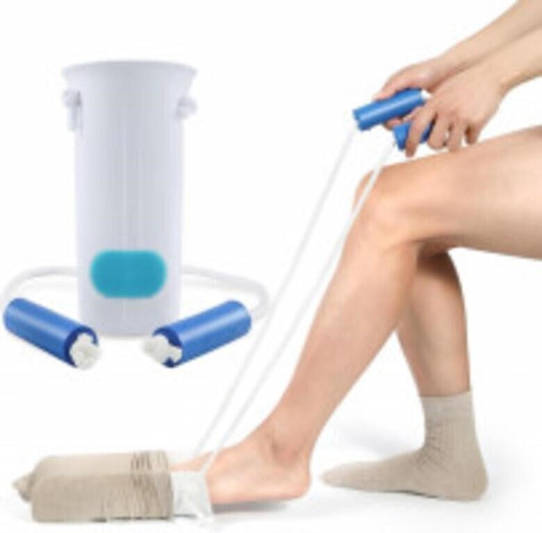 Plastic Sock Aid With Blue Handles and Cord Straps