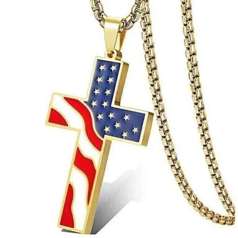 Gold-Tone Stainless American Flag Cross Pendant Necklace