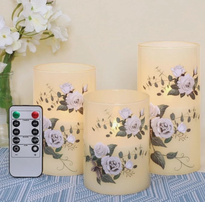 Set of Three Rose-Decal Glass Flameless LED Candles With Remote