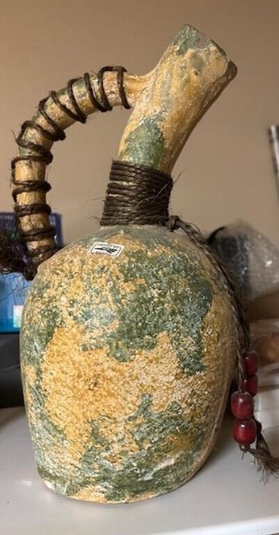 Mottled Green and Ochre Ceramic Jug With Twine-Wrapped Handle