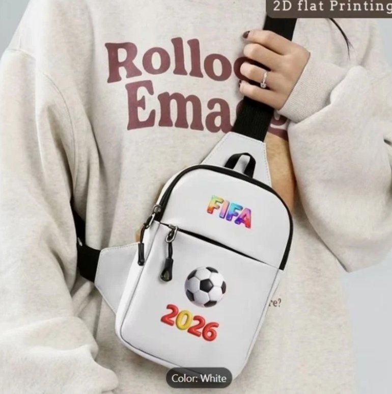 White Faux Leather Crossbody Sling Bag, Soccer FIFA 2026 Print