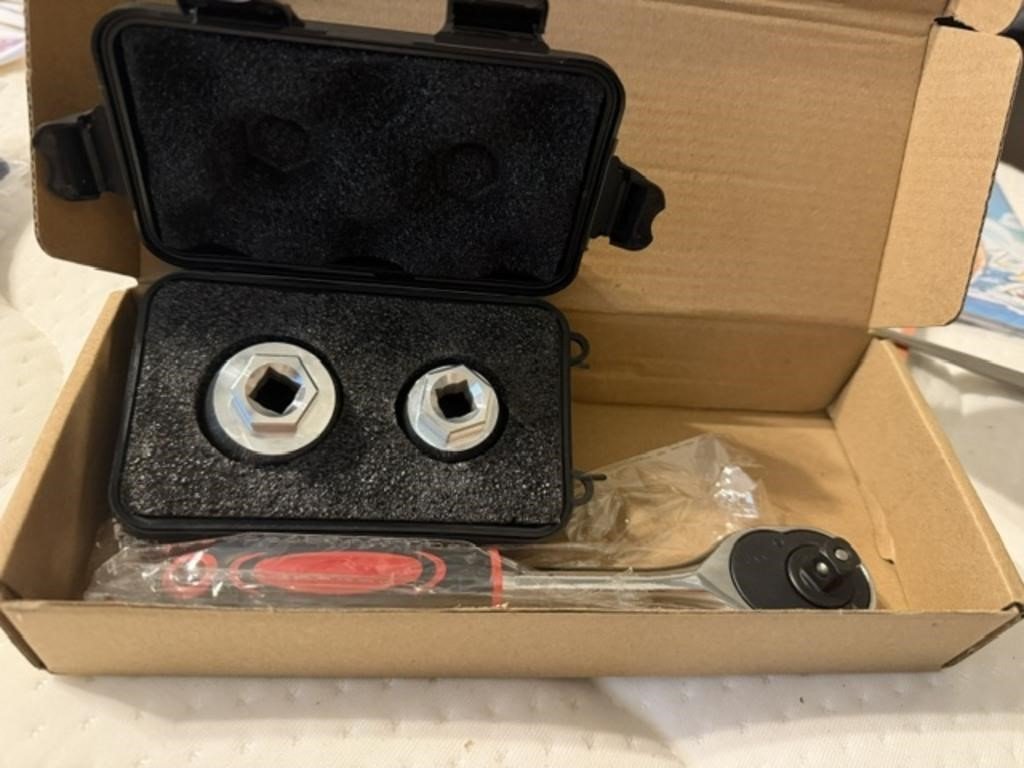 Ratchet Wrench With Two Chrome Hex Adapters in Case