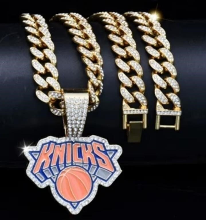 Gold-Tone Rhinestone Cuban Chain With New York Knicks Pendant