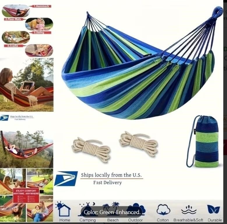 Striped Cotton Canvas Camping Hammock With Carry Bag