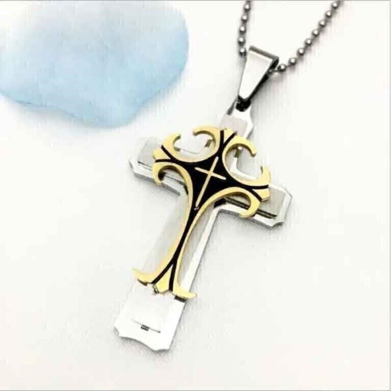 Two-Tone Stainless Steel Layered Cross Pendant Necklace