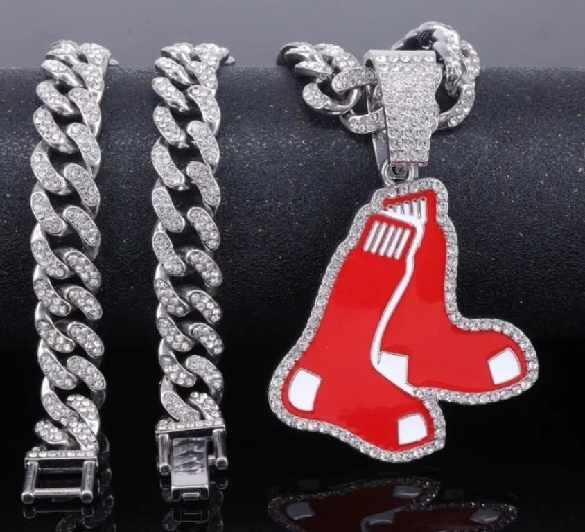 Boston Red Sox Logo Pendant and Cuban Link Chain Bracelet Set for Boston Red Sox MLB…