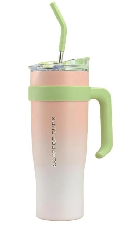 Coffee Cups Insulated Tumbler With Straw and Handle, Peach Ombré