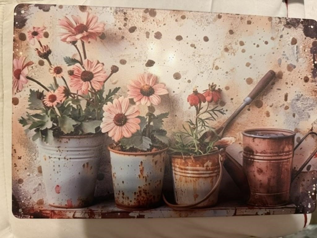 Printed Metal Wall Sign, Pink Daisies in Galvanized Buckets