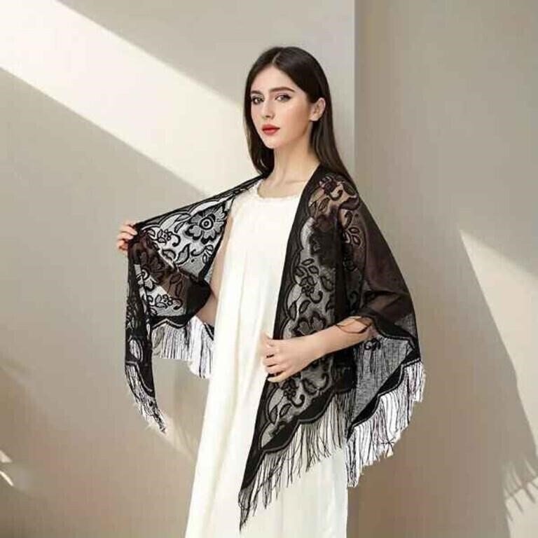 Black Floral Embroidered Sheer Shawl With Fringe