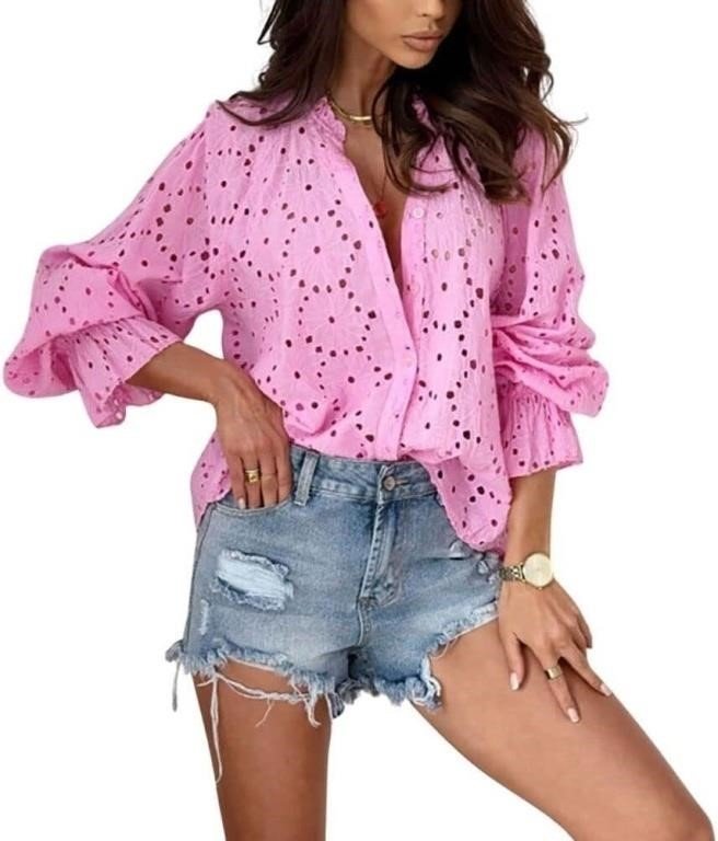 Pink Eyelet Button-Front Blouse With Ruffled Bell Sleeves Size XL