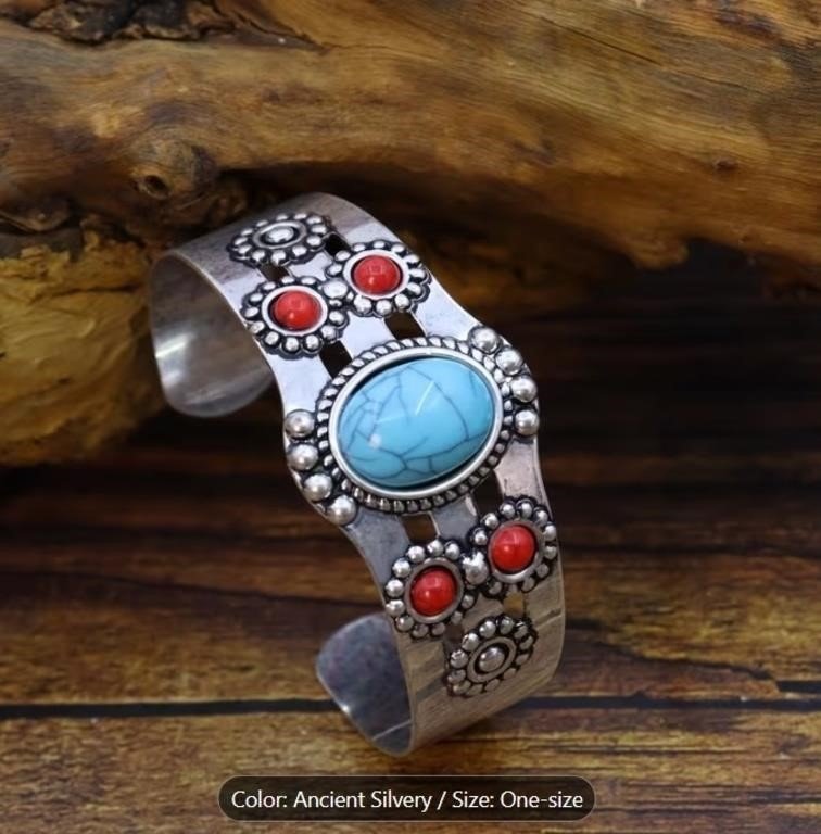 Silver-Tone Cuff Bracelet with Blue and Red Cabochons