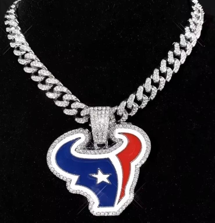 Houston Texans Logo Pendant on Rhinestone Cuban Chain