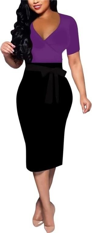 Women's V-Neck Colorblock Bodycon Midi Pencil Dress with Tie Belt for Women's wear 2XL