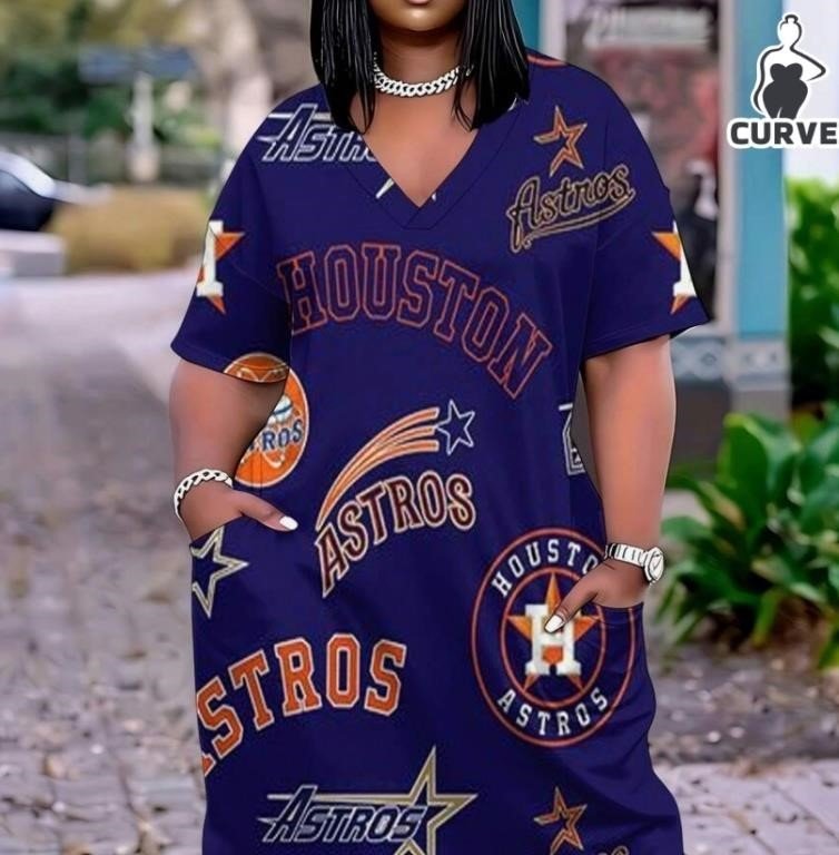 Houston Astros Print V-Neck Pocket Maxi Dress Size 3XL