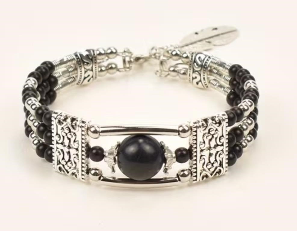 Multi-Strand Black Bead and Silver-Tone Bracelet with Feather Charm