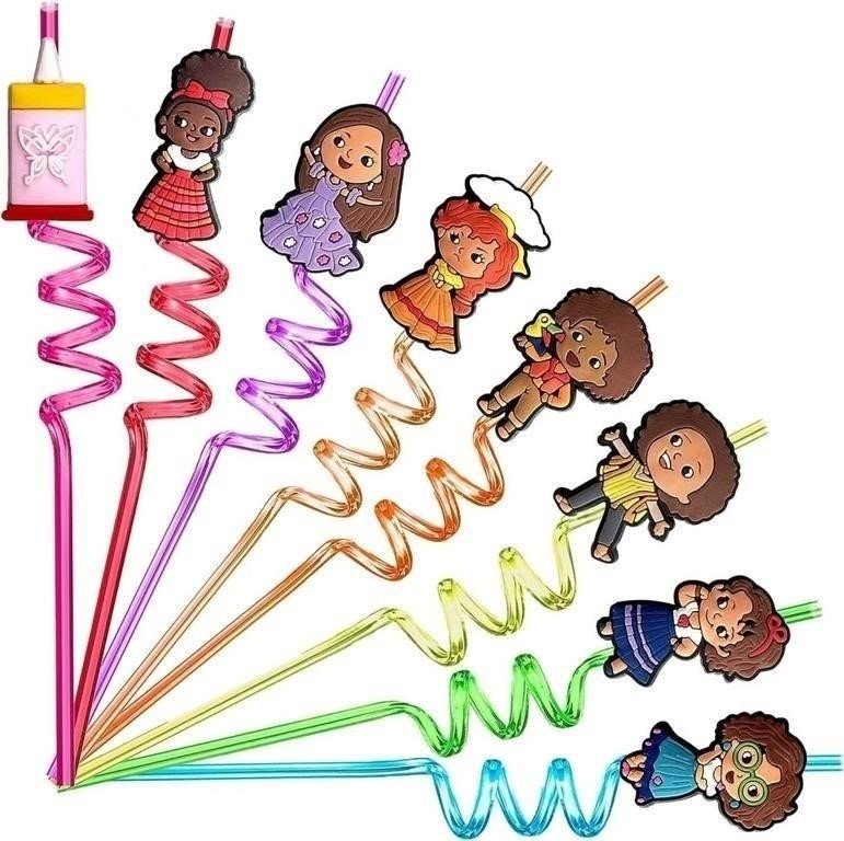 Assorted Curly Plastic Straws With Cartoon Character Toppers