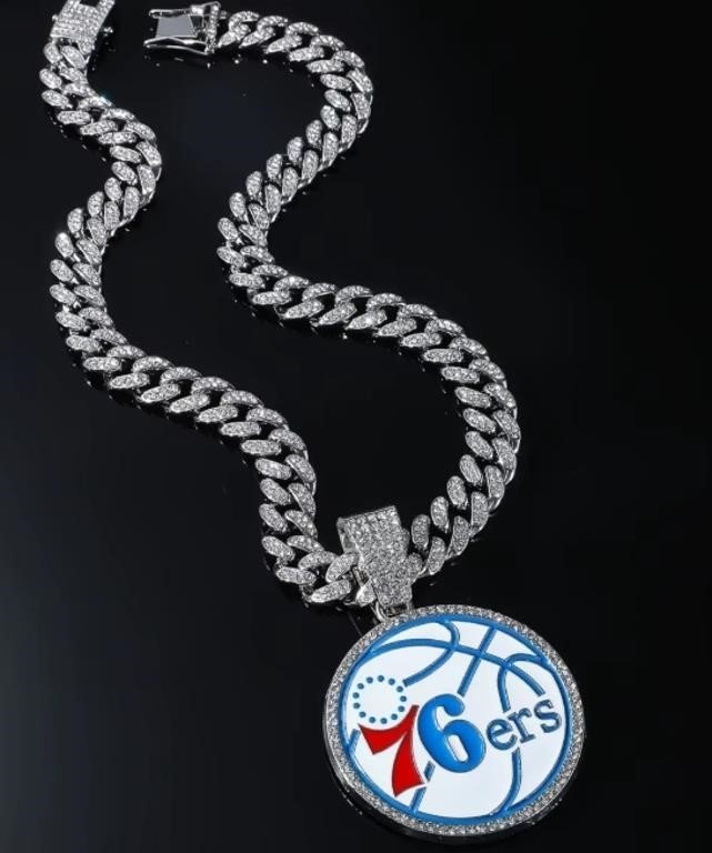 Philadelphia 76ers Enamel Medallion Pendant with Rhinestone Cuban Link Chain