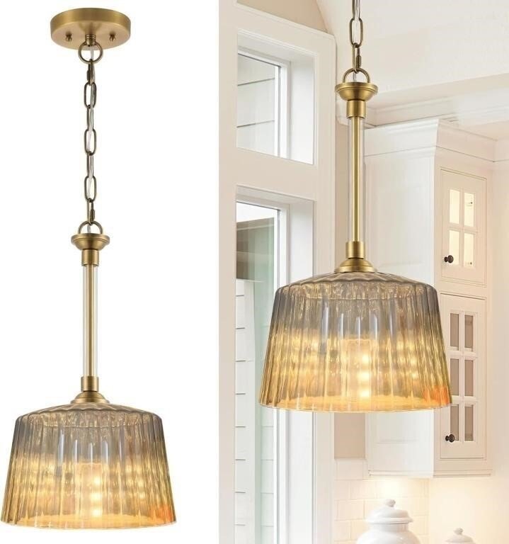 Brass Pendant Light with Ribbed Amber Glass Shade
