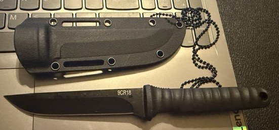 Black Fixed-Blade Neck Knife With Kydex Sheath