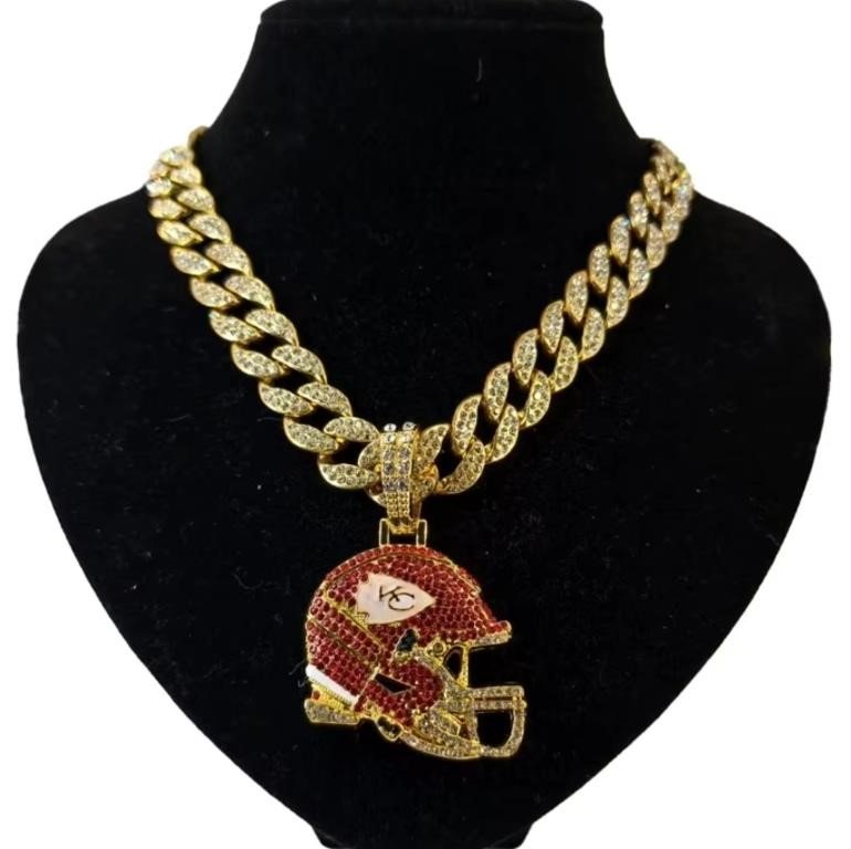 Kansas City Chiefs Iced-Out Rhinestone Helmet Pendant with Cuban Link Chain…