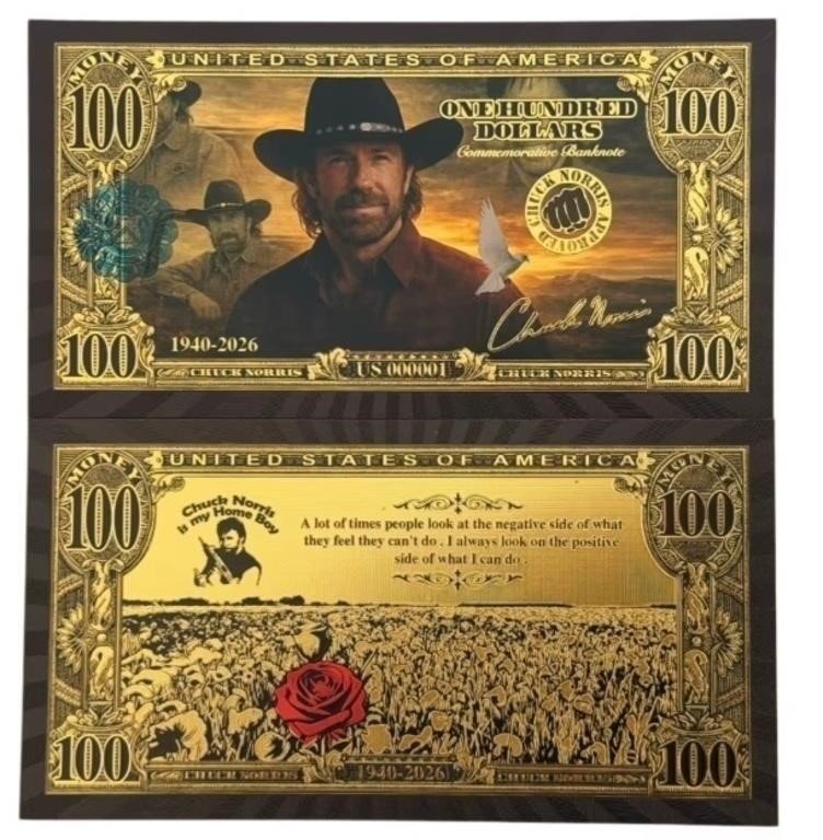 Chuck Norris Commemorative Gold-Foil $100 Novelty Banknote
