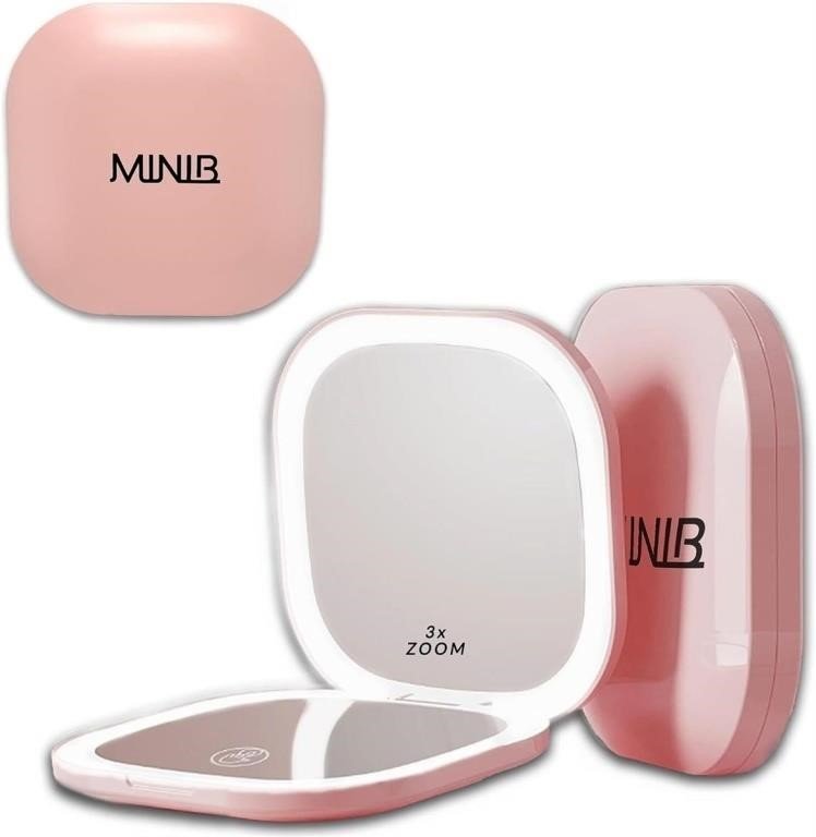 MINIB Lighted Compact Mirror, Pink, 3x Zoom