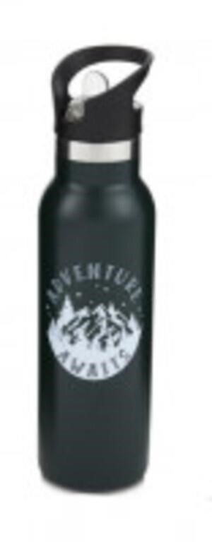 Black Stainless Steel Insulated Water Bottle With Adventure Awaits Mountain Graphic