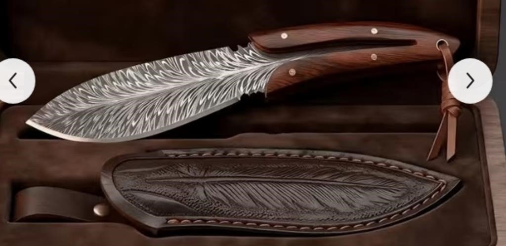 Damascus Hunting Knive w/Feather Design w/Sheath