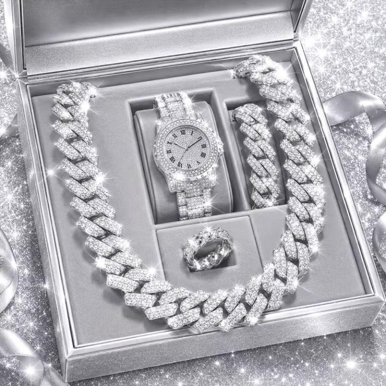 Rhinestone Cuban Link Necklace, Bracelet, Ring and Watch Set