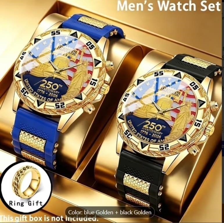 Deyros USA 250th Anniversary Quartz Watches, Pair With Ring
