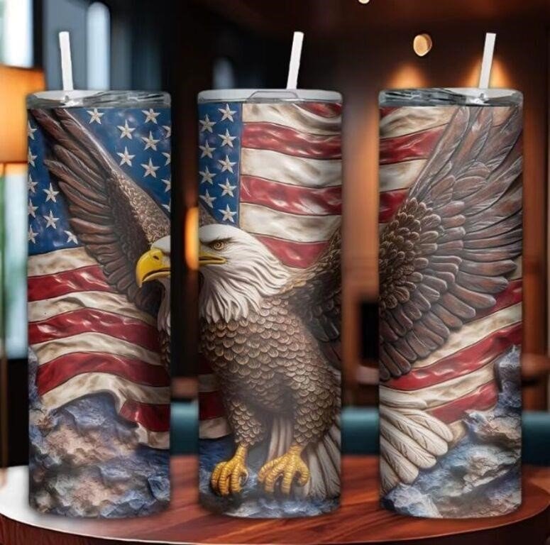 Generic 20 oz Skinny Tumbler with 3D Embossed-Style Bald Eagle and American Flag…