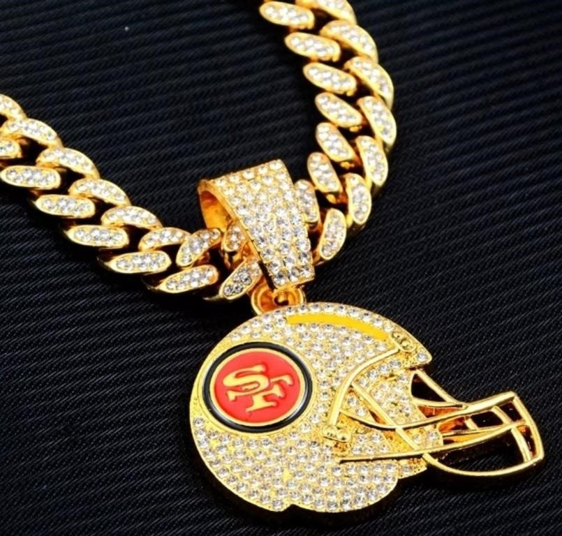 San Francisco 49ers Helmet Pendant on Rhinestone Cuban Chain