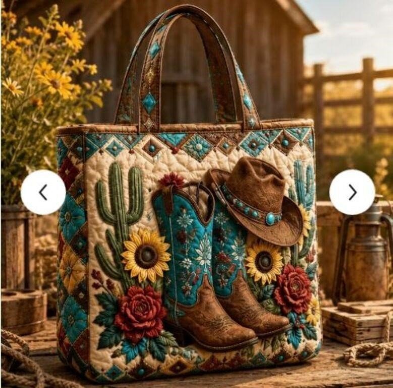 Large Wide Western Tote Bag Quilted Cowboy Boots Cactus Sunflower 16x17