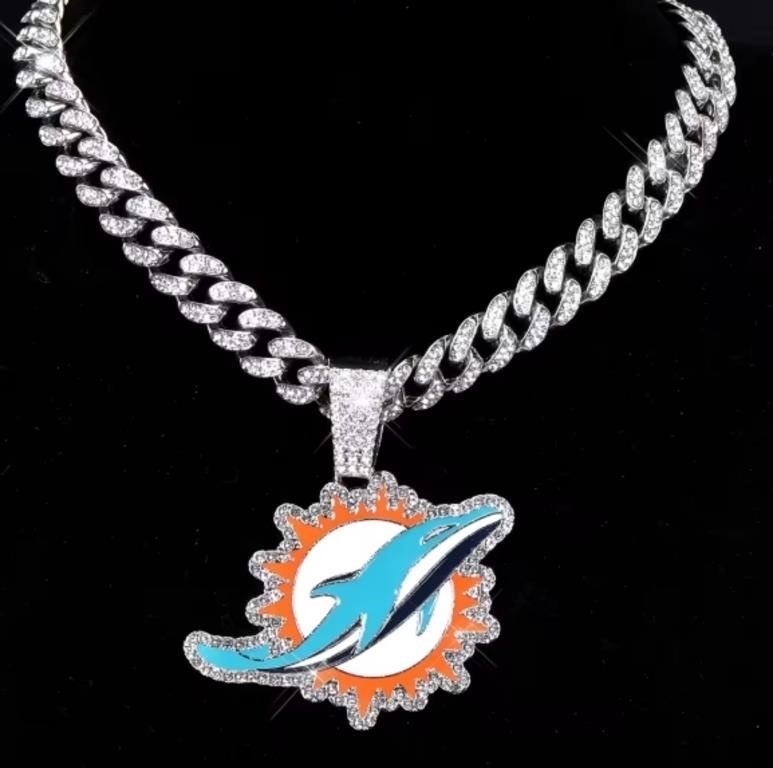 Miami Dolphins Iced Out Logo Pendant with Cuban Link Chain Necklace for Miami…