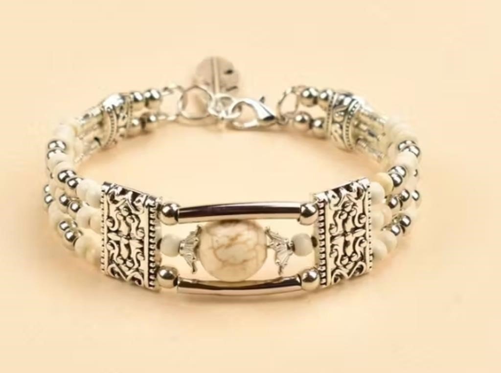 Cream Stone and Silver-Tone Multi-Strand Beaded Bracelet