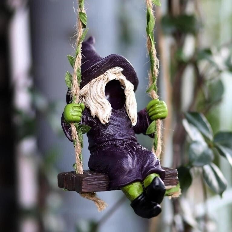 Resin Garden Wizard Gnome Figure on Hanging Wooden Swing