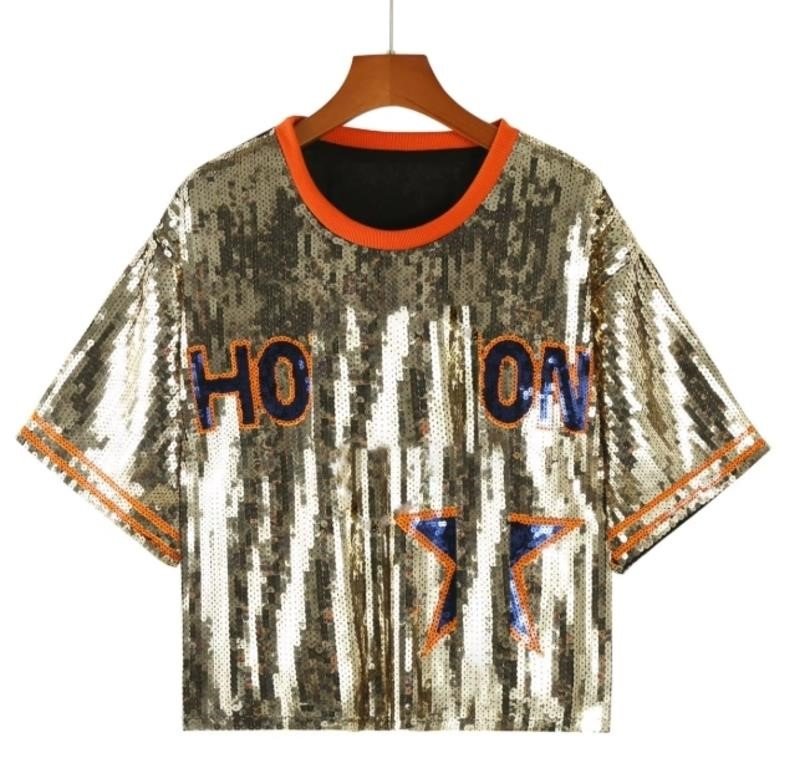 Houston Astros Gold Sequin Cropped Jersey Top, One Size