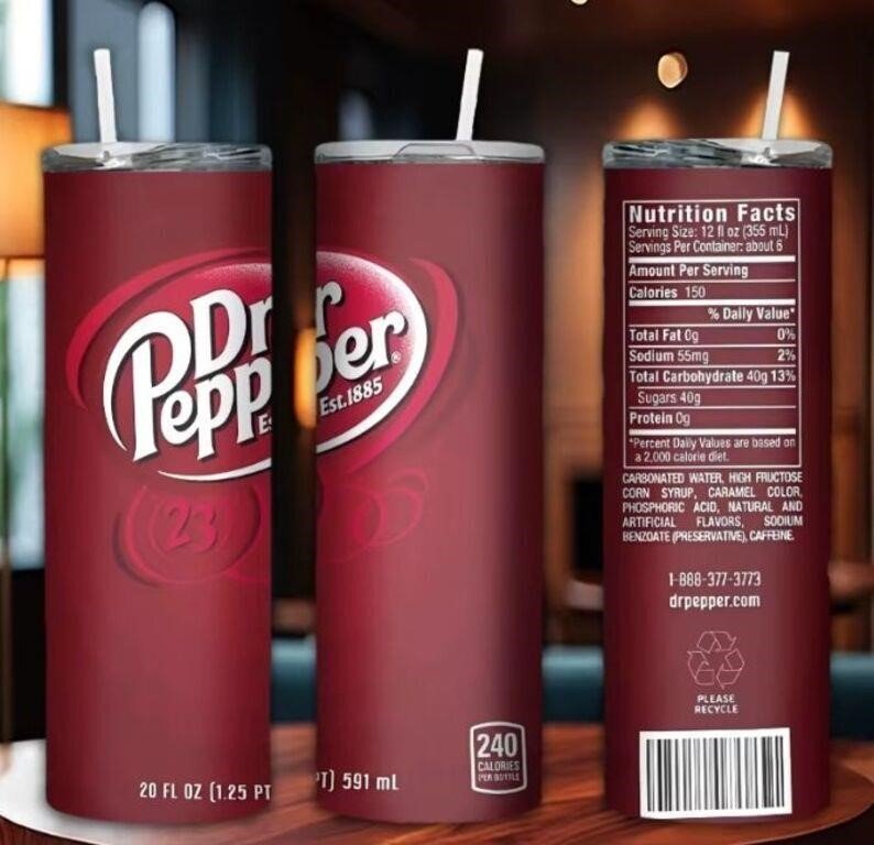 Unbranded Dr Pepper Sublimation 20 oz Skinny Tumbler with Straw