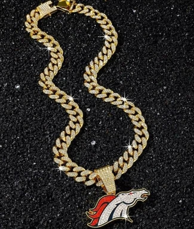 Denver Broncos Iced Out Cuban Link Chain and Logo Pendant Necklace for Denver…