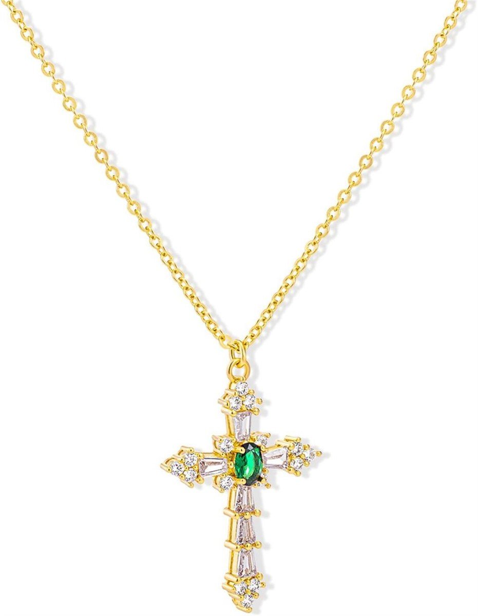 Gold-Tone Cross Pendant with Green and Clear Crystal Accents on Chain