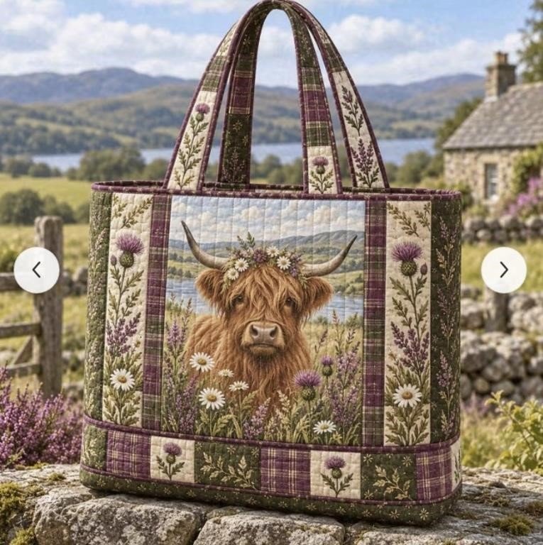 Quilted Tote Bag, Highland Cow Meadow Scene with Wildflowers And Lakeside 17x15