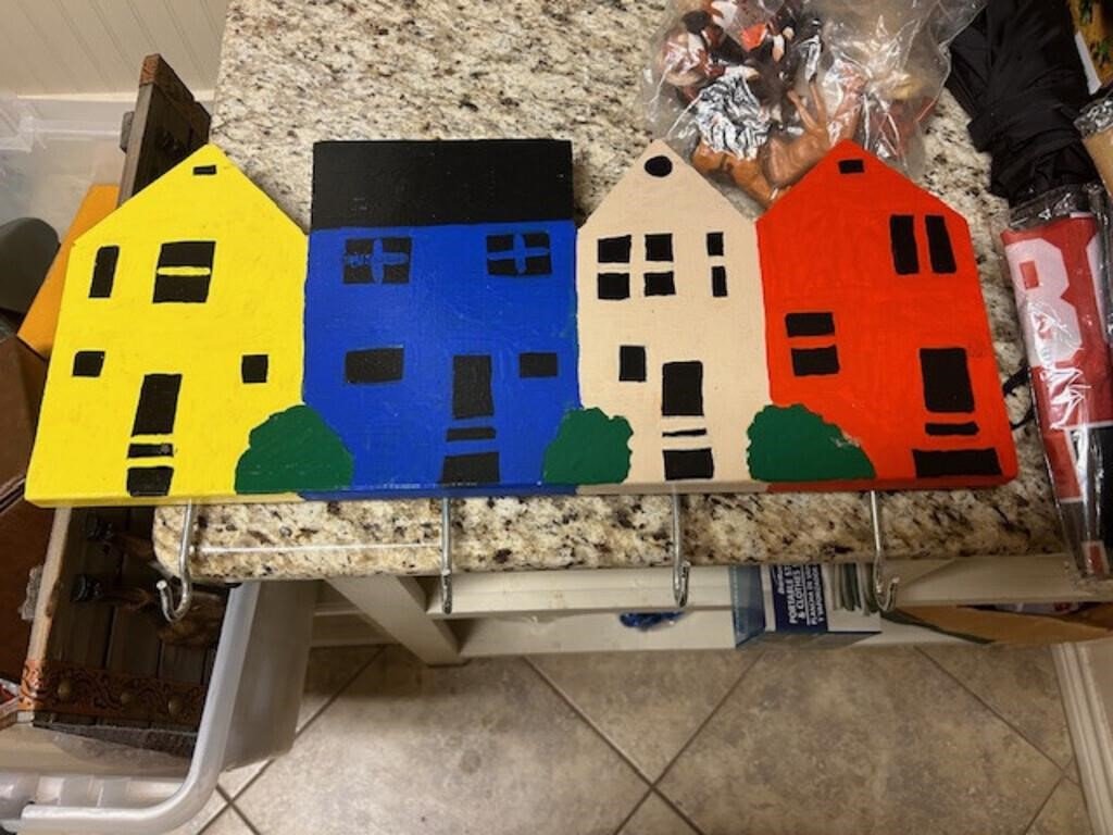 Hand-Painted Wooden Row of Houses Wall Hook Rack