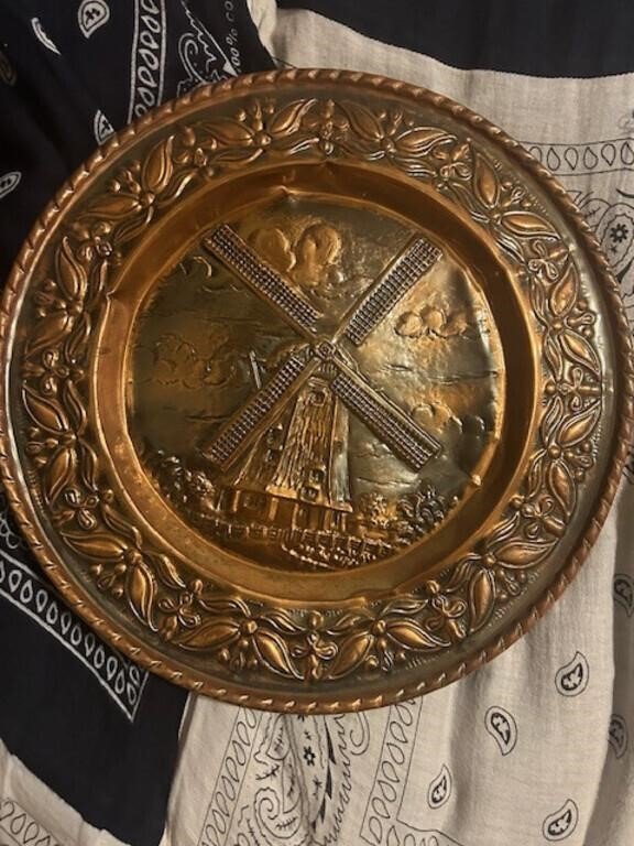 Embossed Copper Wall Charger with Windmill Scene