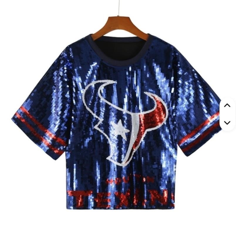 Houston Texans Sequined Short-Sleeve Fan Top, One Size