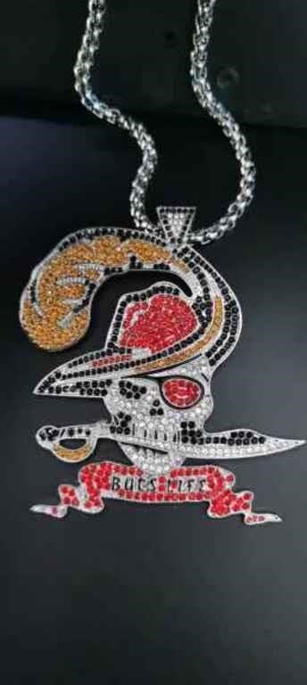 Tampa Bay Buccaneers "Bucs Life" Rhinestone Pirate Skull Pendant Necklace