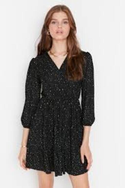 Black Speckled Long-Sleeve Wrap Mini Dress Size XS
